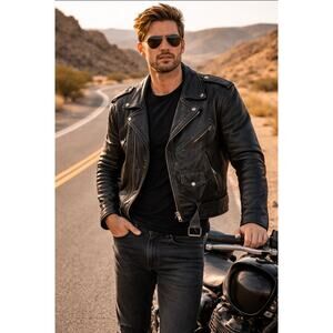 First Mens black leather motorcycle jacket sz 44 Y2K moto biker 90's rugged